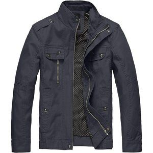Wantdo Men's Cotton Lightweight Jacket Military Jacket Front Zip Jacket-Grey
